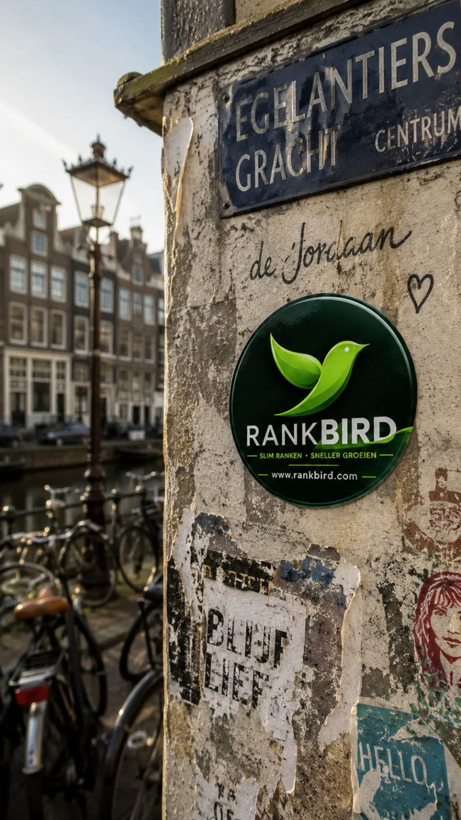 Rankbird-logo op een muur in de Jordaan, Amsterdam