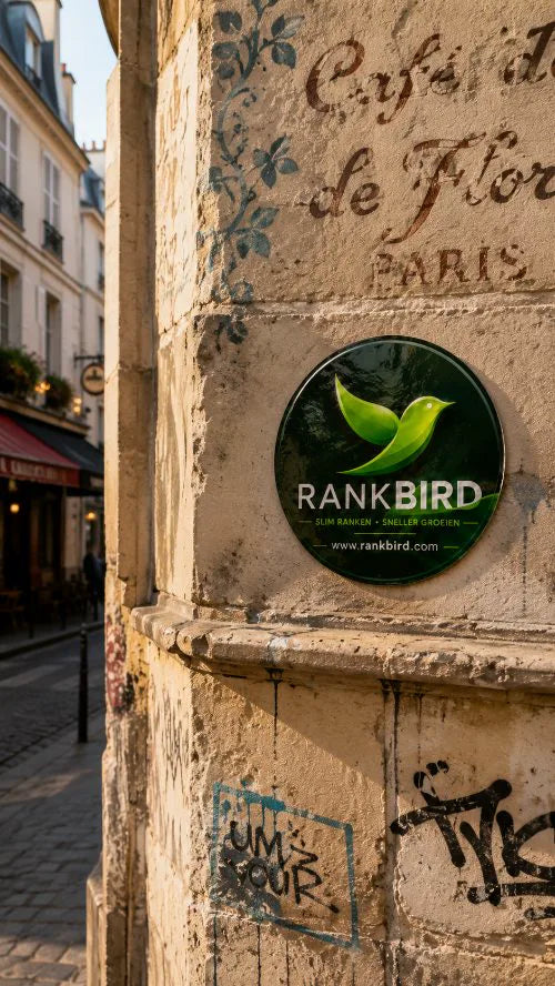 Rankbird-sticker op een gevel in Parijs